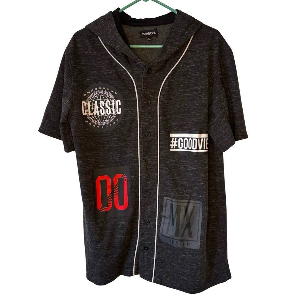 3/$20 Carbon Black & Gray Hooded Short Sleeve Button Down T-Shirt Size XL